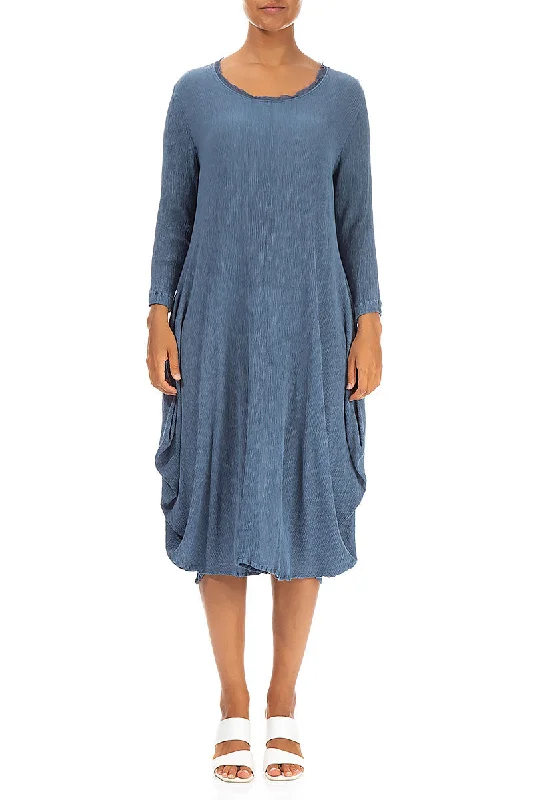 Draped Crinkled Denim Blue Silk Viscose Dress