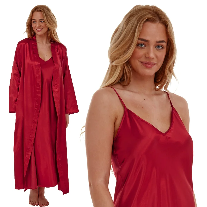 Matching Long Full Length Red Sexy Satin Nightdress & Wrap Set Negligee Lingerie PLUS SIZE