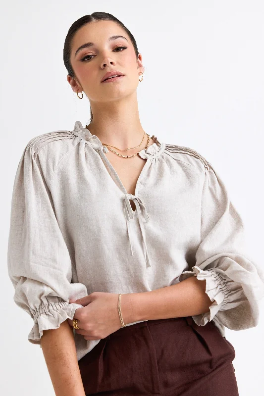 Birch Natural Linen Pintuck Shoulder Tie Neck Top