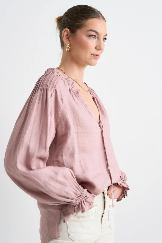 Birch Pink Clay Linen Pintuck Shoulder Tie Neck Top