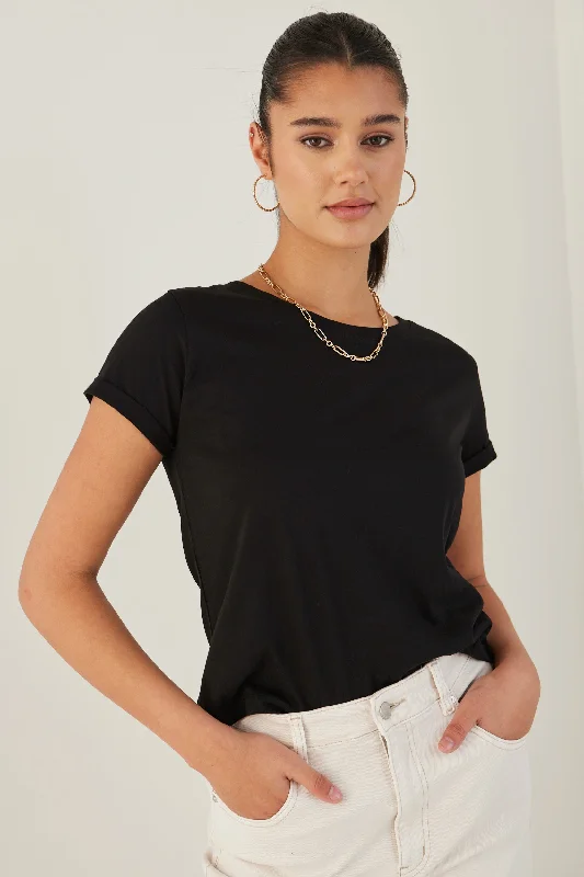 Roxy Black Rolled Sleeve Crop Organic Tee